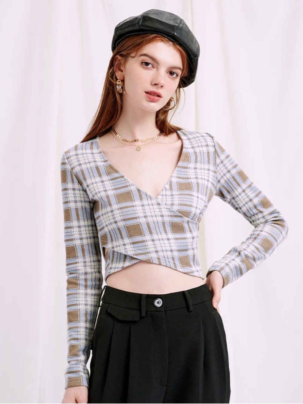 Petite Studio Bonnie Top Plaid Crop Top - Blue, Brown & White